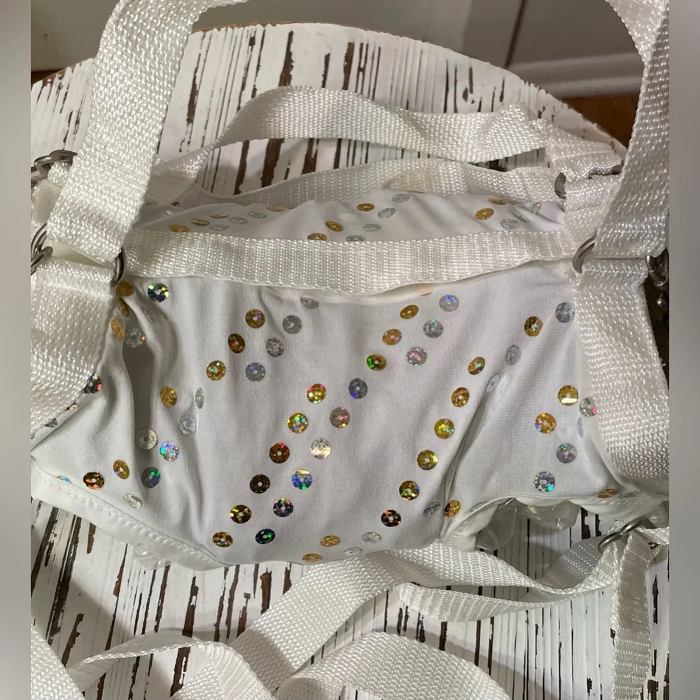 White with Silver and Gold Sequins Puppy Purse and Harness. X-Large